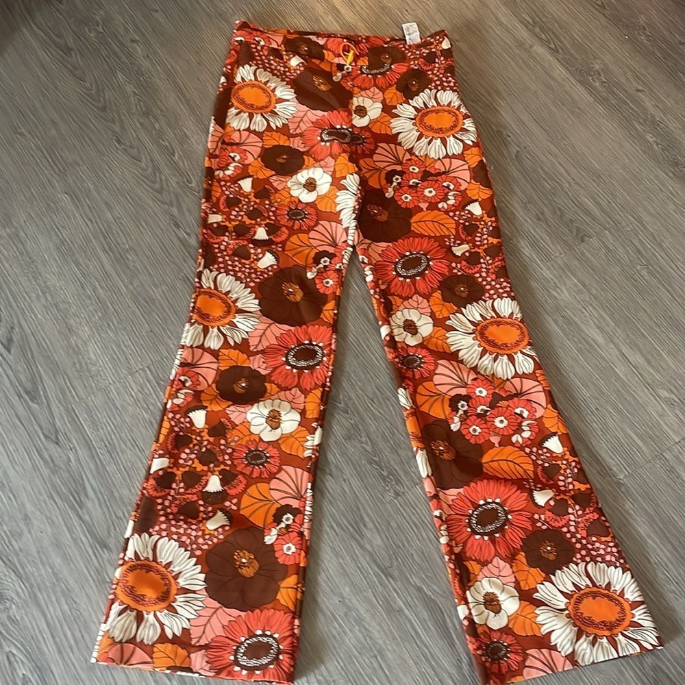Zara Women's High Rise Orange & White Floral Retro Hippie Flare Pants Size L - Picture 2 of 11